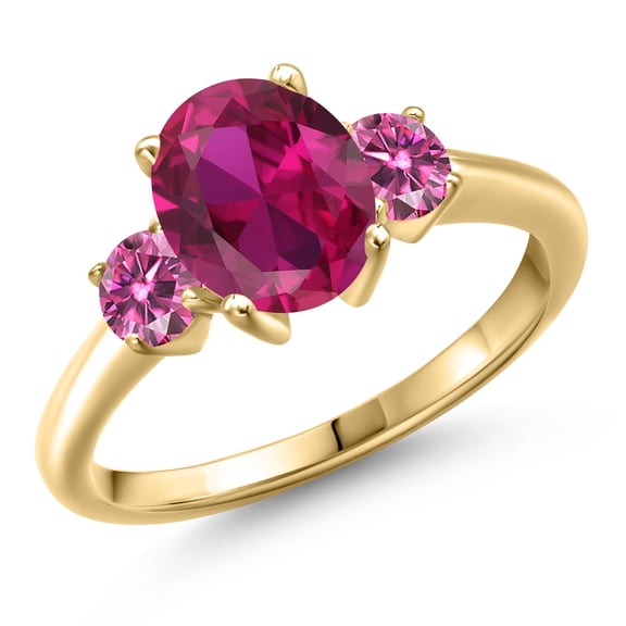 Gem Stone King 10K Yellow Gold Red Created Ruby and Pink Moissanite Engagement Ring for Women | 2.46 Cttw | Oval 9X7MM | Gemstone July Birthstone | Size 7