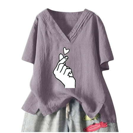 

Womens Short Sleeve Summer Tops for Leggings Casual Loose Fit V-neck Pullover Blouse Shirts with Split Hem S-3XL Plus Size Cute Print Tops