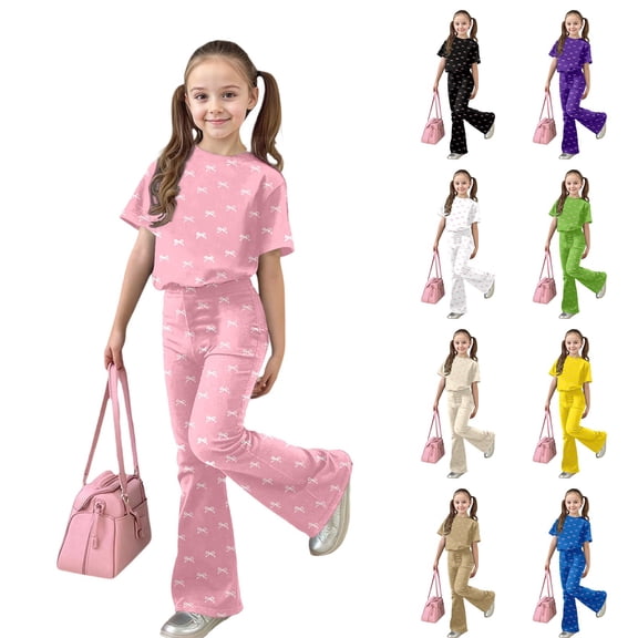 Gaexia Toddler Girl Lounge Set,Girls Casual Fashion Outfit Bow Short Sleeve Top and Long Pants Comfy Two Piece Playwear Fashion Clothes,9-10 Years