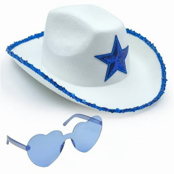 Funcredible  White_Seqstar_Hat Funcredible White Cowgirl Hat  White Cowboy Hat with Blue Star -  Rodeo Outfit for Women - Cowgirl Costume Accessory