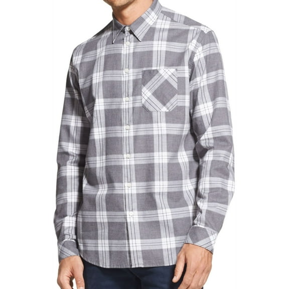 DKNY Mens Plaid Button Up Shirt, Grey, Medium