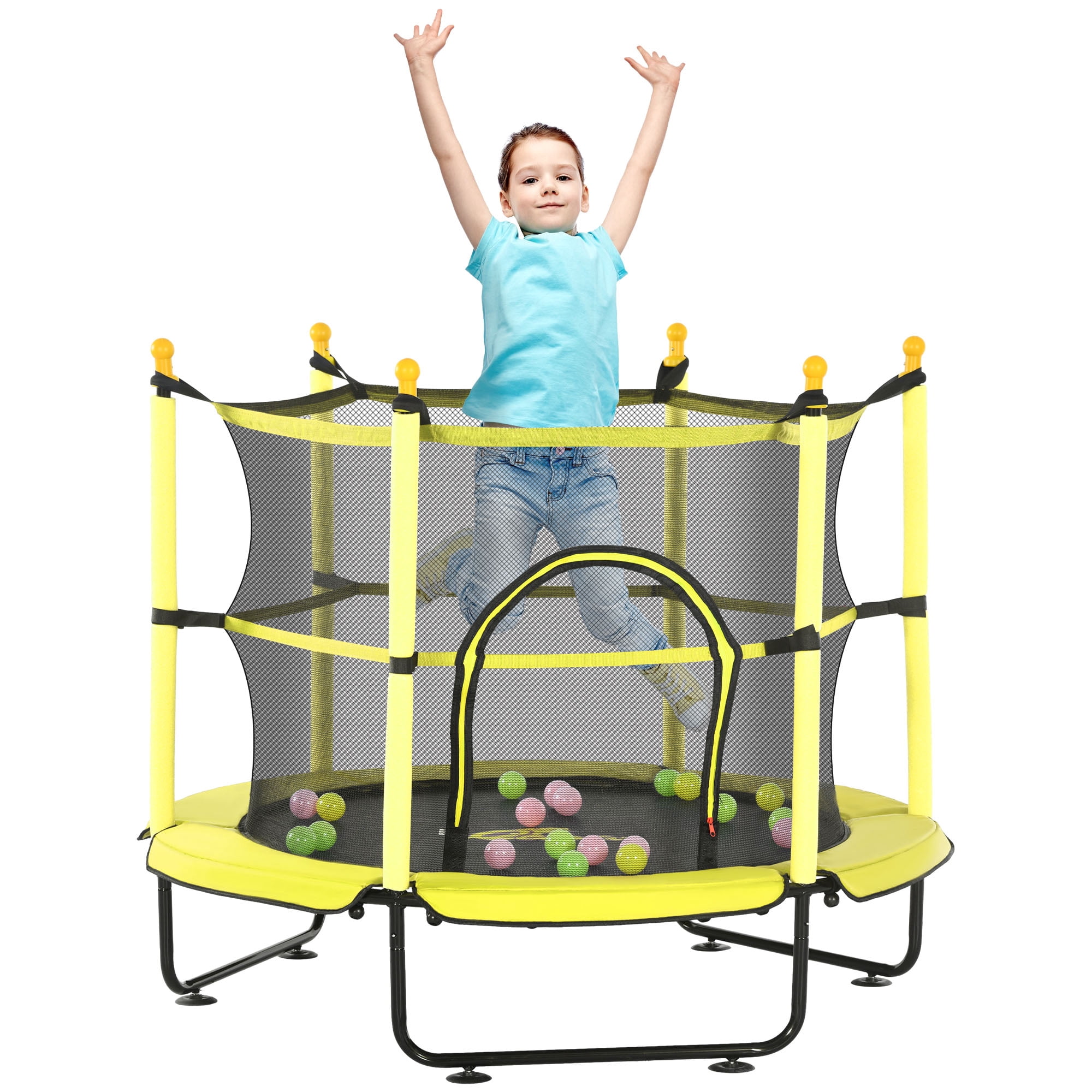 Qaba Trampoline for Kids with Safety Enclosure & Ball Pit, Yellow, 55.00" x 55.00" x 47.25"