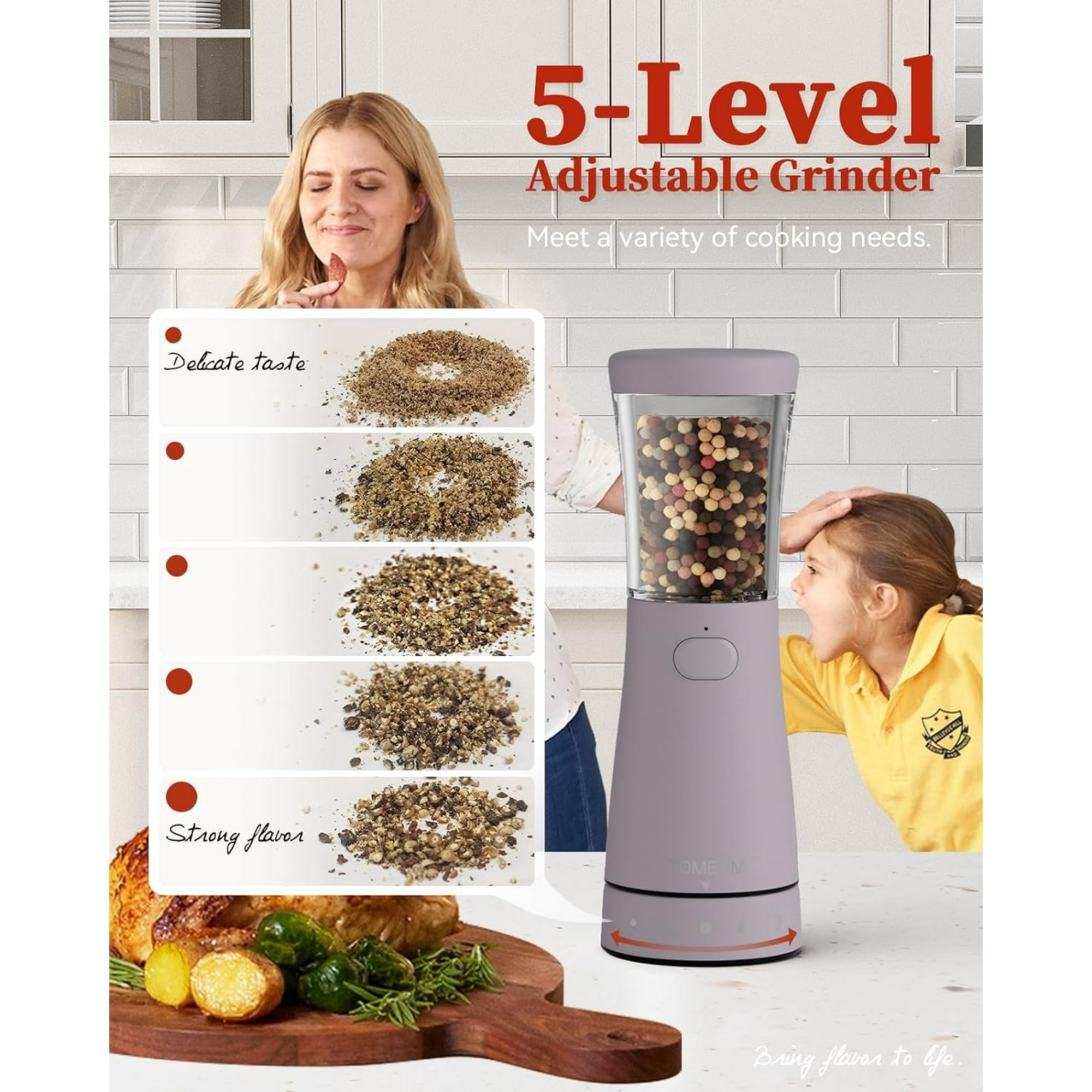 Tomeem Electric Salt and Pepper Shakers with LED lights, Adjustable Coarseness, USB Rechargeable Automatic Salt and Pepper Grinder Set