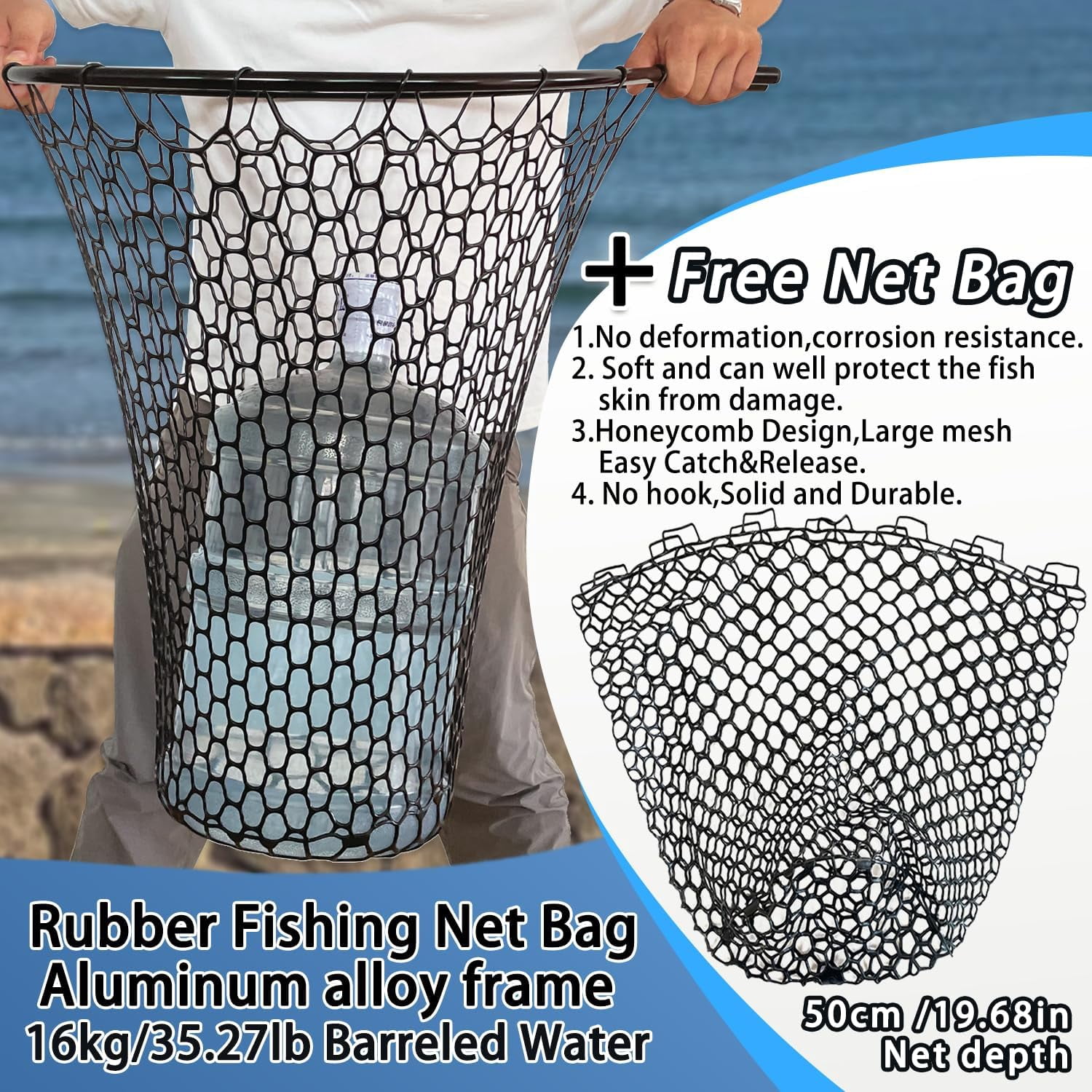 All Metal Telescoping Rubber Fishing Net with Handle Length: 59" Depth:19.7" Hoop: 26"x18" Large Silicone Fish Landing Net Pier/Kayak/Fishpond/Saltwater/Salmon Extendable Fishing Gear