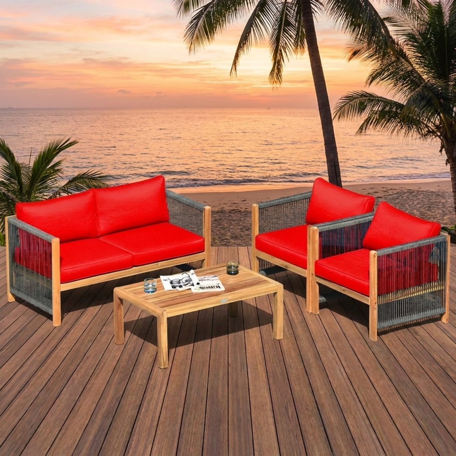 Furnibear 4 Piece Outdoor Patio Furniture Set Acacia Wood Conversation Set with Cushioned Loveseat Chairs and Coffee Table for Backyard, Red