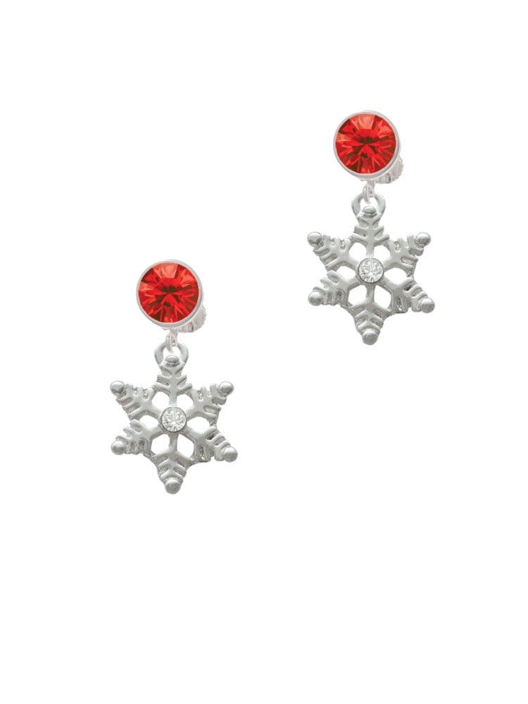 Delight Jewelry Silvertone Snowflake with Clear Crystal Red Crystal Clip on Earrings