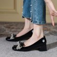 thumbnail image 4 of YDN Women Square Toe Double Rhinestone Bow Pumps Low Chunky Heel Slip On Shoes for Wedding Club Event Size 13 Black, 4 of 4