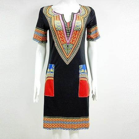 - Marainbow Dashiki Vintage Hippie Dress Tribal Printed Boho Shirt Dress