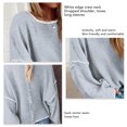 thumbnail image 4 of Suéter de punto con cuello redondo para mujer, manga larga, suelto, con hombros caídos, tops con borde blanco para otoño invierno gris L, 4 of 5