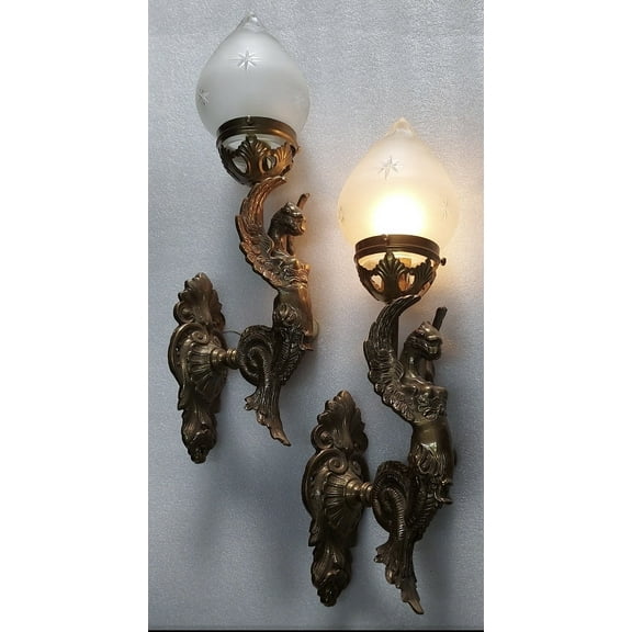 Pair Of Vintage Art Nouveau Deco Lamp Lion Mermaid Wall Sconces Fixture Brass & Star Glass Light Antique Lamp