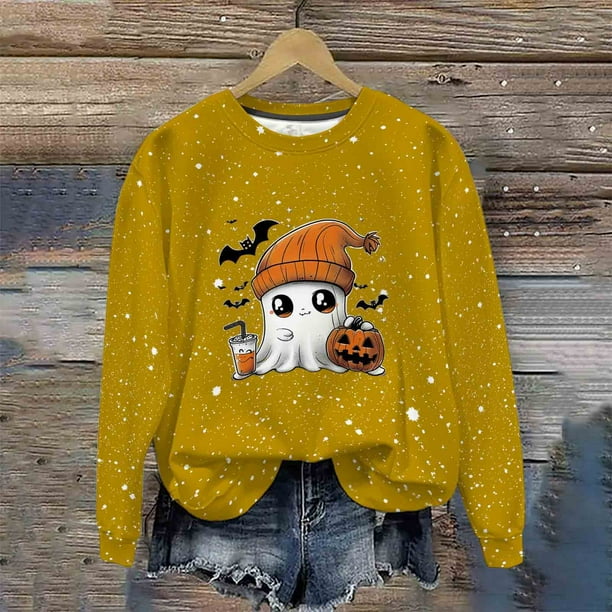 Ailaofu Women's Halloween Printed Round Neck Casual Sports Long Sleeve Sweatshirt Top Sweatshirt Loose Soft Long Sleeve Pullover Tops