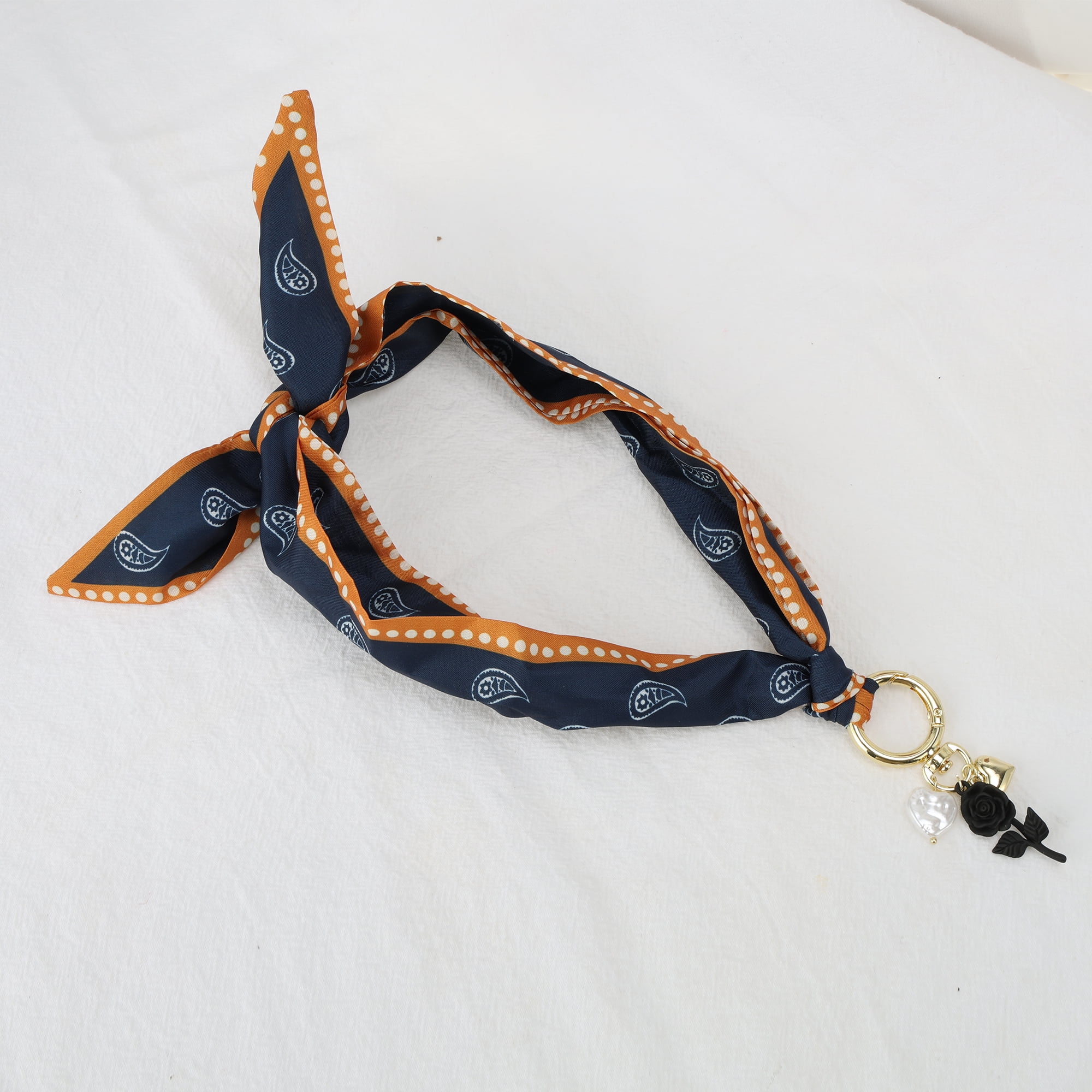 Unique Bargains Rose Flower Scarf Necklace with Charm Adjustable Tie Navy Blue Orange 1 Pc