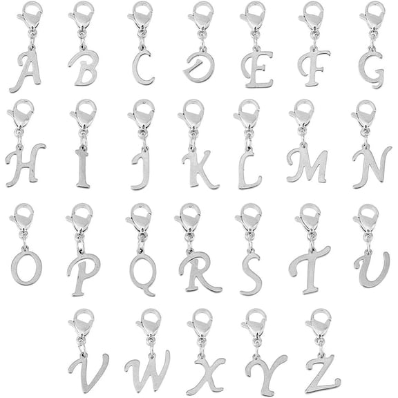 26Pcs 304 Stainless Steel Letter Pendant Decorations Lobster Claw Clasps Charms for Keychain Purse Backpack Ornament Stainless Steel Color Letter A~Z 25~29mm 26pcs/set 1 set/box