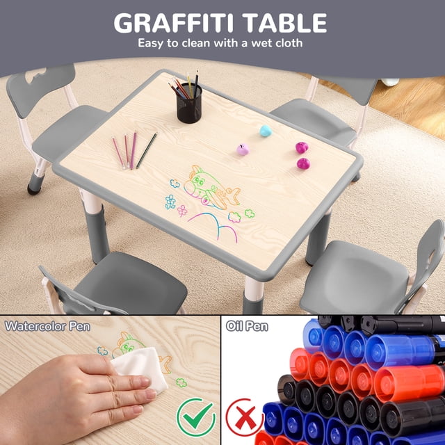 Adjustable Kids Table and 4 Chairs Set - Non-Slip, Graffiti-Resistant, Multi-Purpose Desk for Study, Arts & Play, Ages 2-10, Home/Daycare/Study Room, Grey