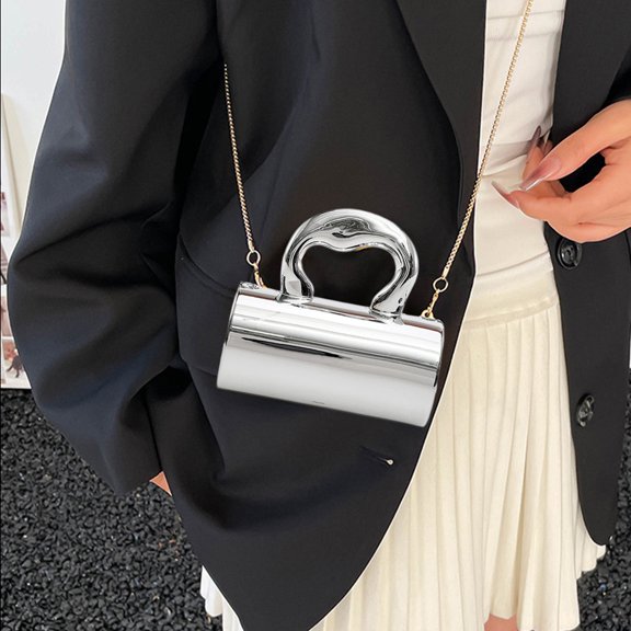 Byujiro Cylinder Handbag Glossy Top-Handle Mini Crossbody Bag with Chain Strap, Elegant Evening Purse for Parties, Weddings, and Special Occasions