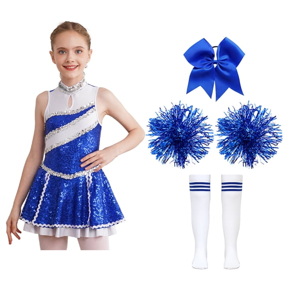 Hansber Kids Girls Cheerleading Dancing Performance Uniform Halloween Cheer Leader Cosplay Costume Blue B 12