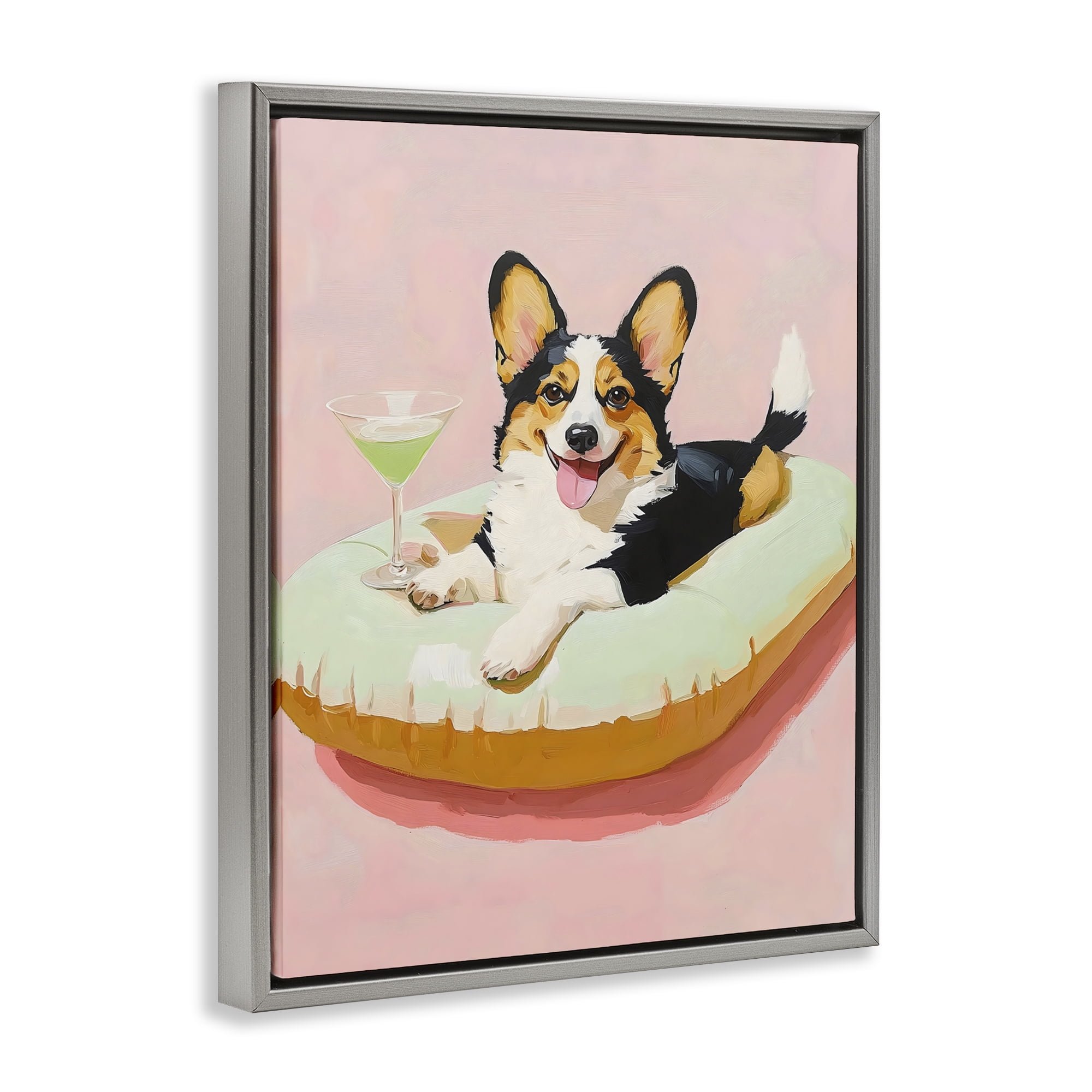 Stupell Industries Pastel Corgi with Cocktail Gray Framed Floater Canvas Wall Art, design by The Prints Vibe