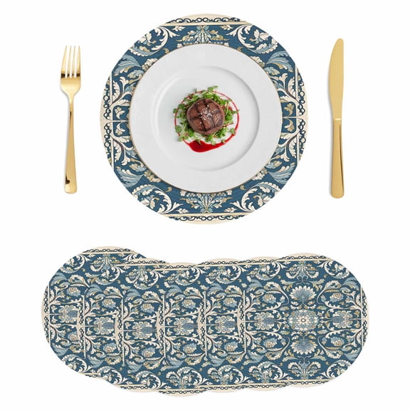 Blue Boho Flowers Round 15 Inch Placemats Set of 6, Country Vintage Abstract Floral HeatResistant Non Slip Place Mats for Dining Table, Wipeable Braided Kitchen Table Mats for Housewarming