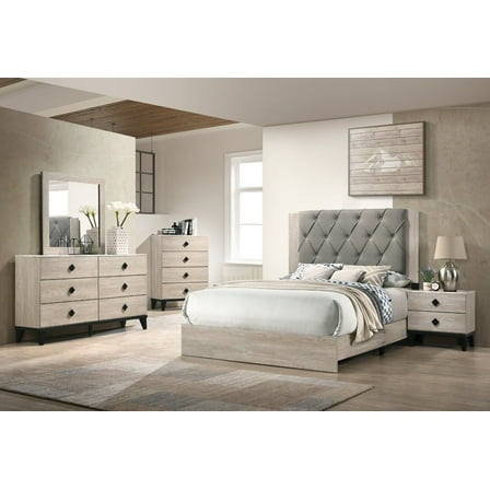 Transitional Style Cream Eastern King Size Bed 4pc Set Dresser Mirror Nightstand Bedroom Furniture Wooden Home