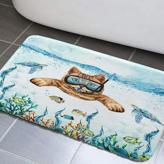 Funny Cat Bathroom Rug Mat, Cat Diving Bath Rugs, Tropical Fish Coral Underwater Sea Animal Non-Slip Bath Mats for Bathroom Floor, Tub and Shower, 17x29Inch