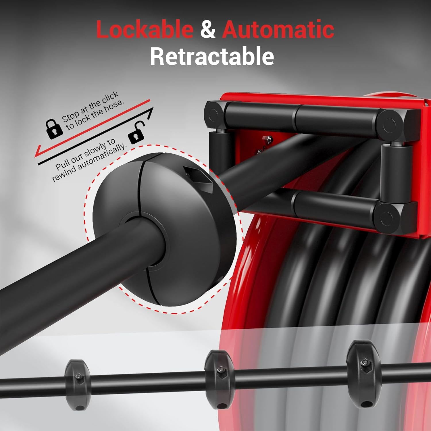 3/4“ x 50ft Diesel Fuel Hose Reel Retractable with Fuel Nozzle, 3/4 Inch Fuel Transfer Pump Hose, Auto Swivel Rewind, Max 300 PSI Tank Hose, Easy Use for Farms Boat Truck Bed Trailer Cart, Red