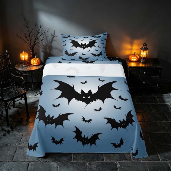 Homewish Scary Bat Silhouette Twin Sheets, Halloween Horror Bedding, Sky Blue Black, 3pcs (1 Flat Sheet, 1 Fitted Sheet and 1 Pillowcase)