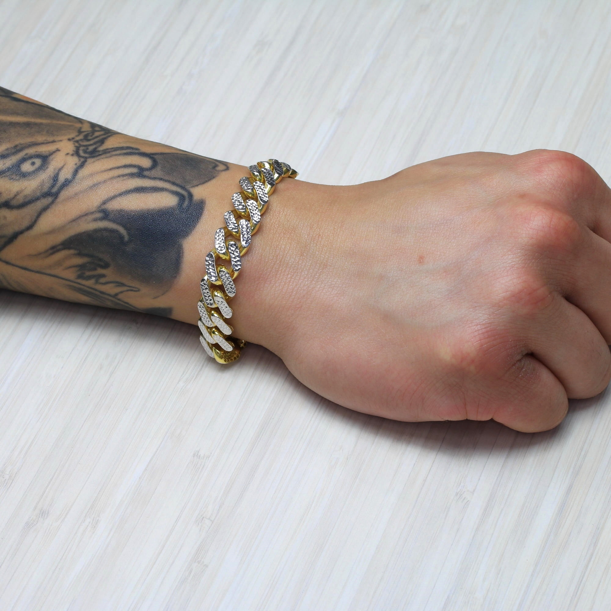 Nuragold 10k Real Yellow Gold Royal Monaco 11mm Miami Cuban Diamond Cut Pave Link Bracelet (8"-9") Two Tone Italian Jewelry for Men