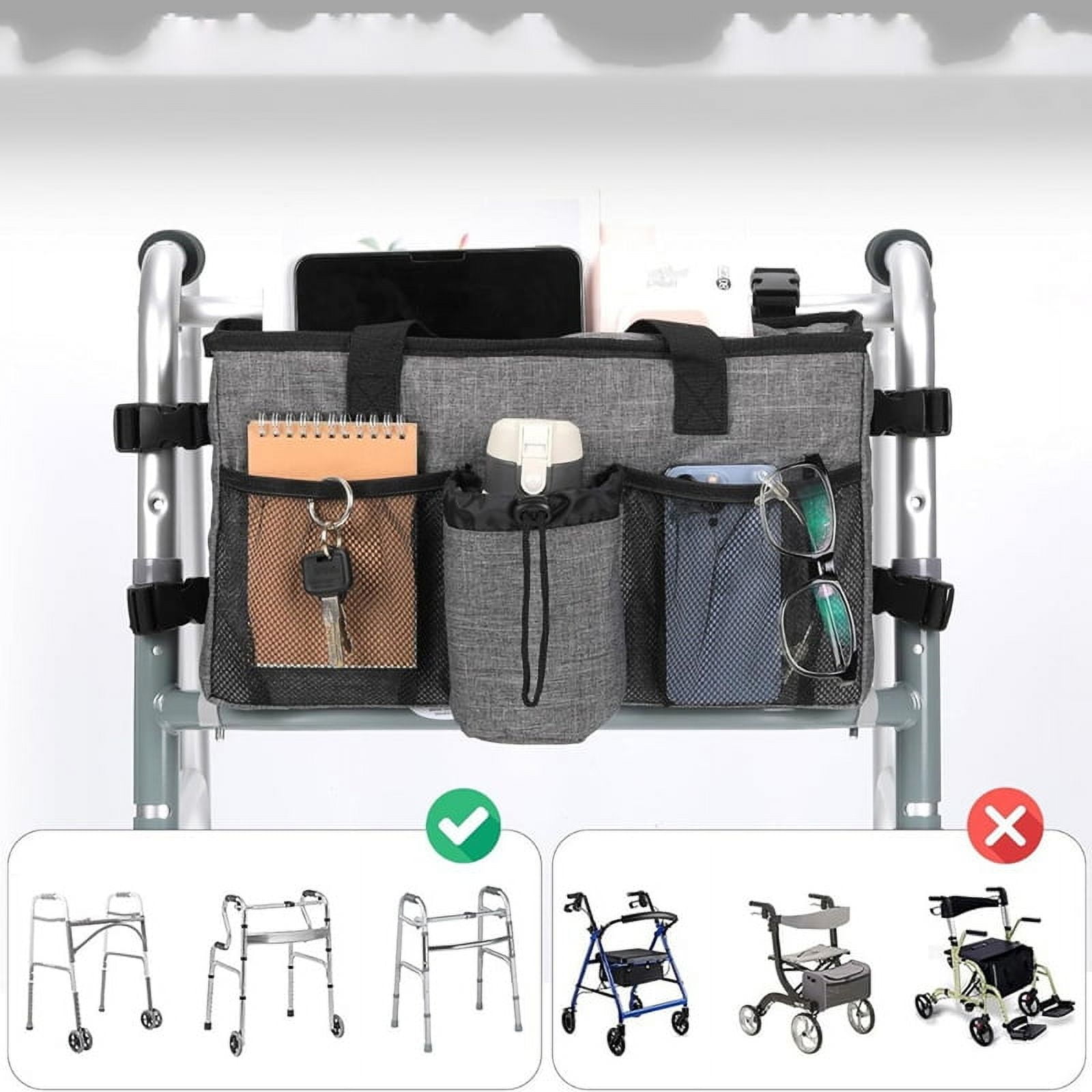 Foldable Walker Accessories with Cup Holder & Organizer Pouch