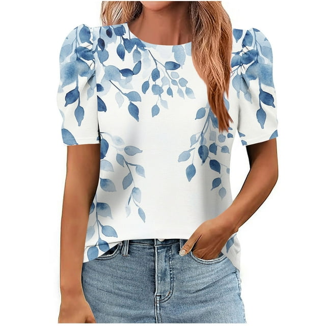 Amzcrzy Hauts pour Femmes Col Rond Manches Courtes Printemps Été Hauts Tendance Imprimé Floral Boho Hauts Décontractés Confortables Polyvalents pour Sortir T-Shirts