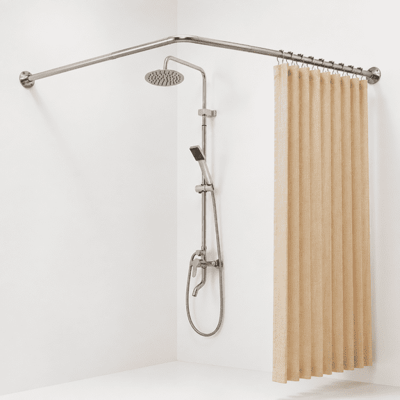 Brushed Nickel Neo Angle Corner Shower Curtain Rod with 12 Hooks and Ceiling Support