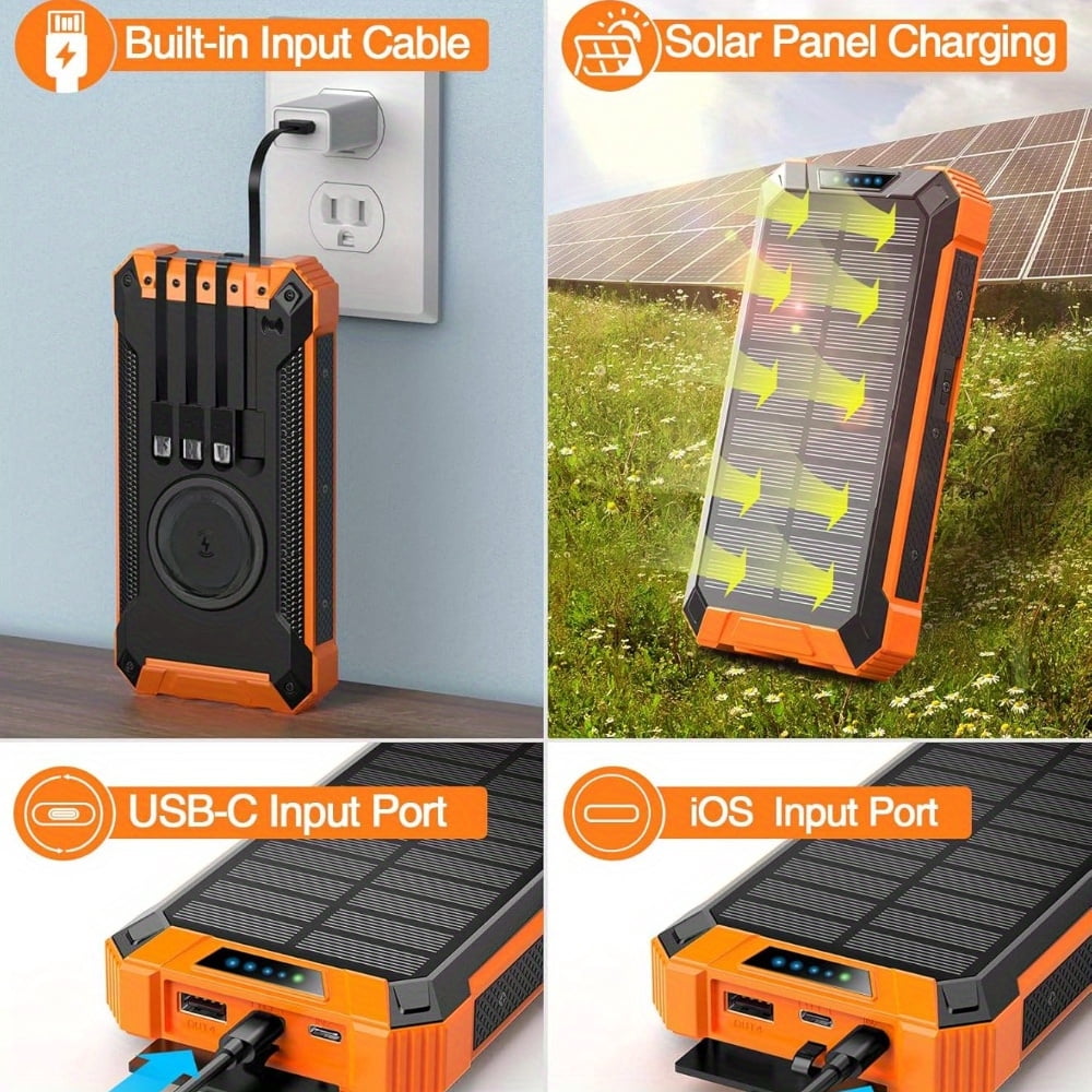 Power Bank Wireless Charger 20000mAh Built in 4 Cables Six Outputs 15W Fast Charging Power Bank for All Mobile Devices Three Inputs Solar Portable Charger with Dual Flashlights, Carabiner