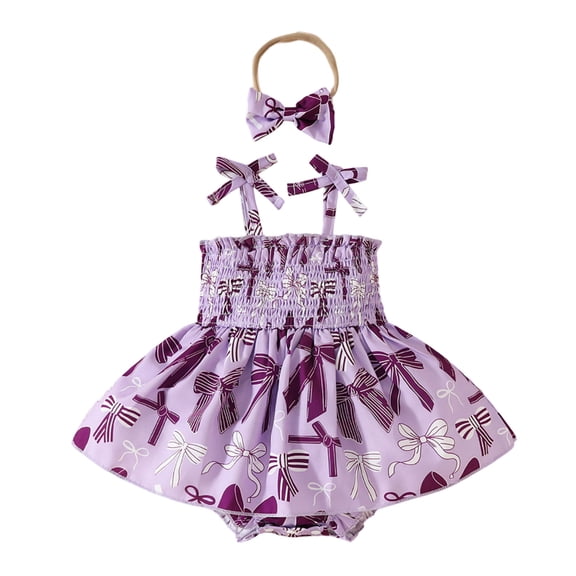 Ulitacool Spring Onesies For Girls Round Neck Sleeveless Flower Prints Romper Suspenders Skirts Bowknot Headbands Outfits Purple 6-12 Months