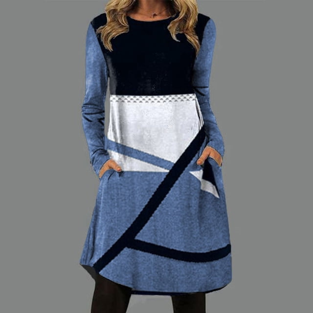 Women Autumn Round Neck Long Sleeves Color Print Pocket Big Hem Casual Dress