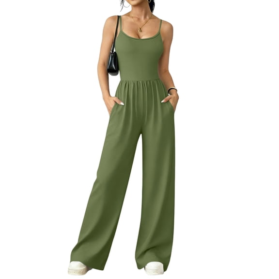 BOMYJESK Jumpsuits for Women Dressy Spaghetti Strap Wide Leg Baggy Pants Beach Vacation Trendy Overalls Jumpers Fashion Clothes 2026 with Pockets Army Green S