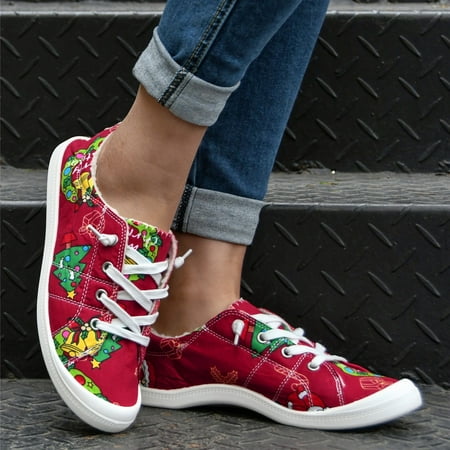 

YTJX Winter Christmas Women s Casual Shoes Breathable Slip-on Flats Plush Thermal Outdoor Leisure Sneakers