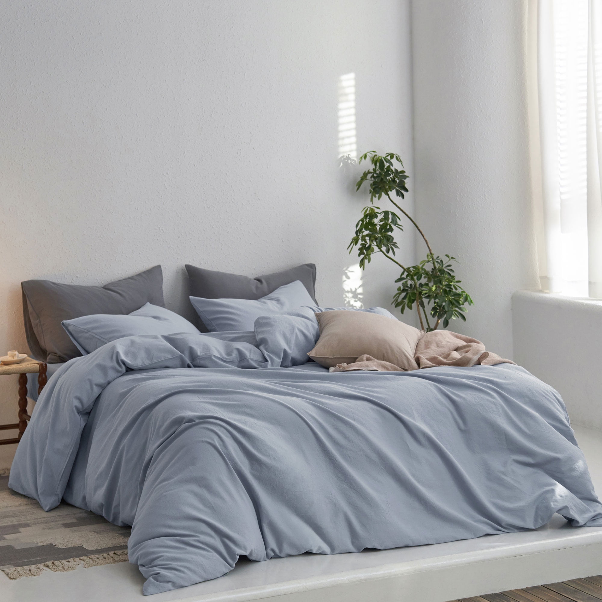MooMee Duvet Cover Set Queen 100% Washed Cotton Twill Ultra-Soft Breathable Linen Like 3-Piece (Cornflower Blue, 90"x90")
