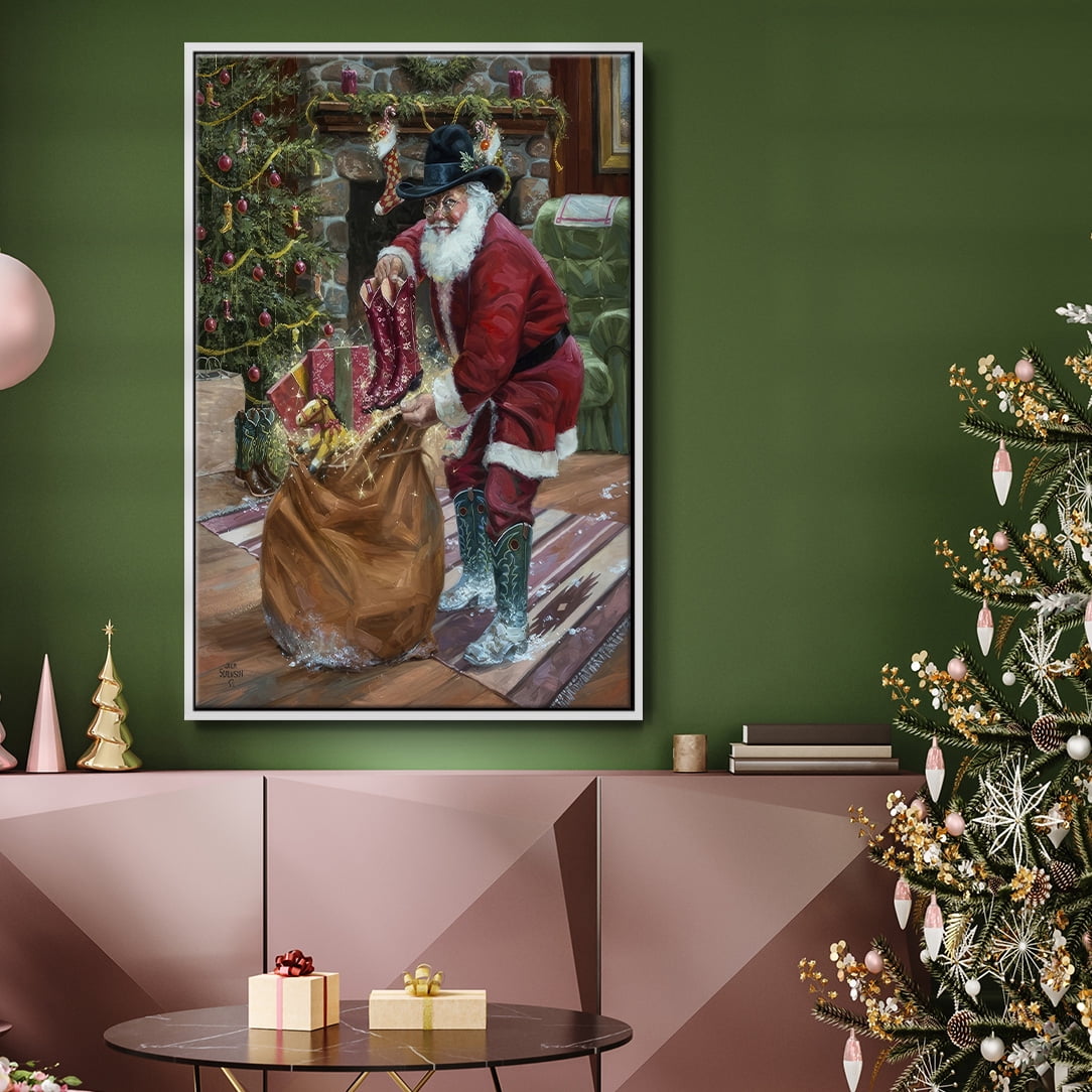 New Boots for Christmas - Framed Gallery Wrapped Holiday Canvas - 27 x 41 - White Frame