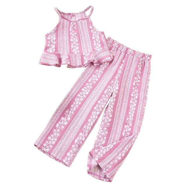 REDARER Girls' Summer Floral Ruffle Set – Sleeveless Top & Pants, 2PC Lightweight Outfit,for Size 3-4 Years