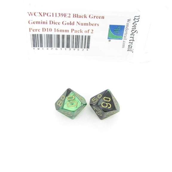Black and Green Gemini Dice with Gold Numbers Perc D10 Aprox 16mm (5/8in) Pack of 2 Wondertrail
