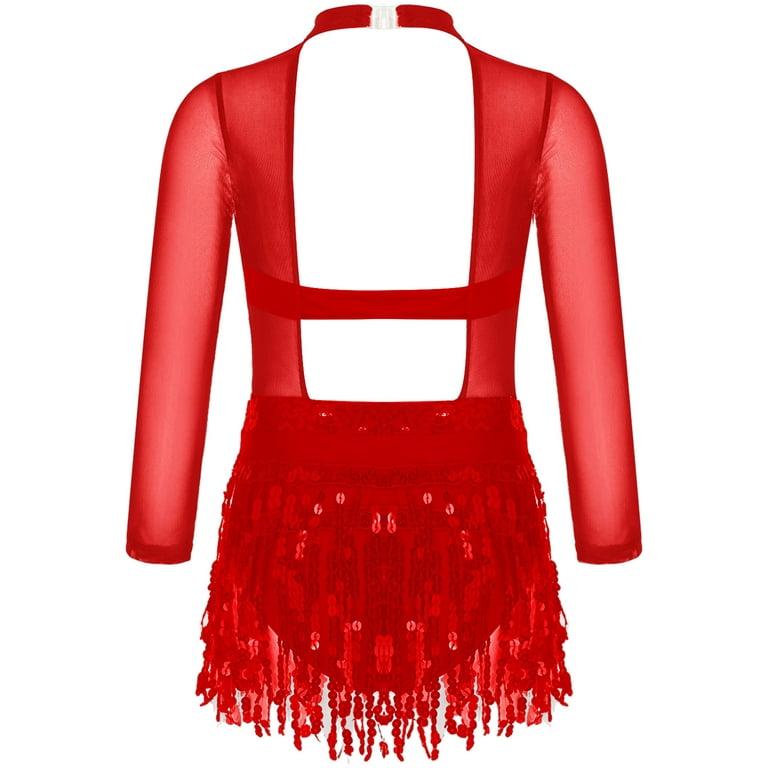 YEAHDOR Girls Mesh Long Sleeve Sequins Tassel Dance Dress Latin - Main Image