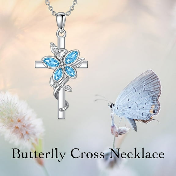 SISGEM Cross Necklace for Women 925 Sterling Silver Butterfly Pendant Necklace Birthstone Necklace Faith Jewelry Gifts for Women Wife Birthday Anniversary