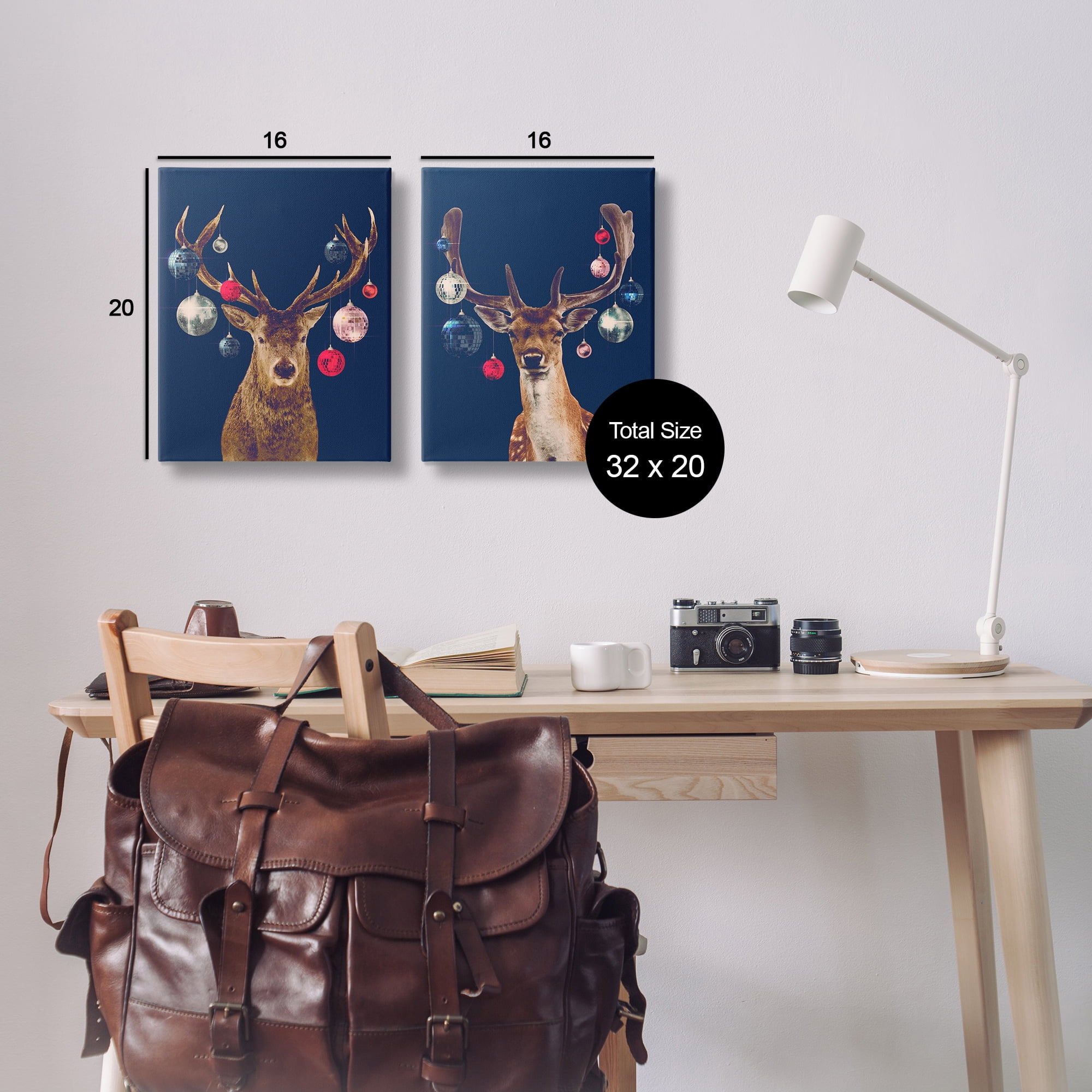 Stupell Industries Navy Brown Disco Deer Holiday Painting Wrapped Canvas Art Print Wall Art, 16 x 20, Set of 2