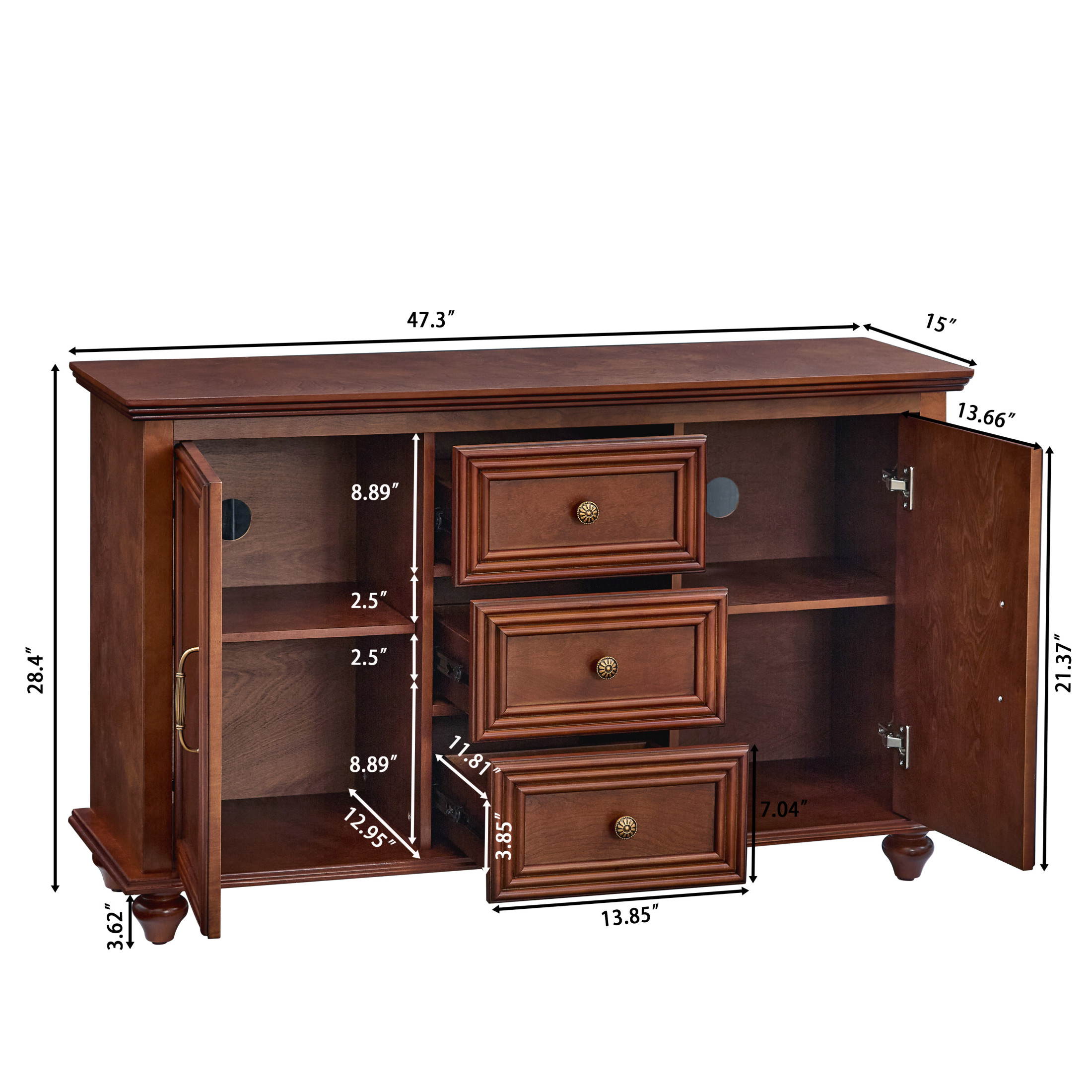 GDF Studio 47.3" Mid Century Modern Sideboard Buffet Cabinet with 2 Doors & 3 Drawers, Walnut