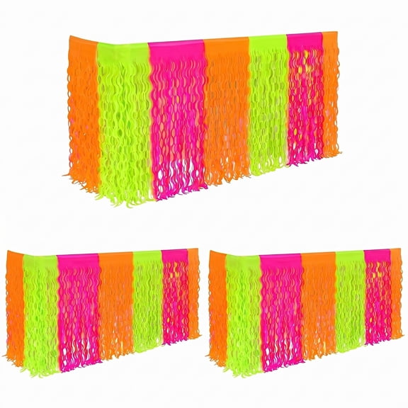 3 Pack Neon Wavy Table Skirts, 27ft Total Glow in The Dark Fringe Table Skirts for Blacklight Birthday Party Decorations