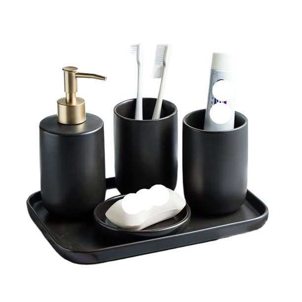 El juego de accesorios de baño de 5 piezas incluye: 1 dispensador de jabón en loción, 2 vasos for enjuague bucal, 1 jabonera y 1 bandeja, juego de accesorios de baño