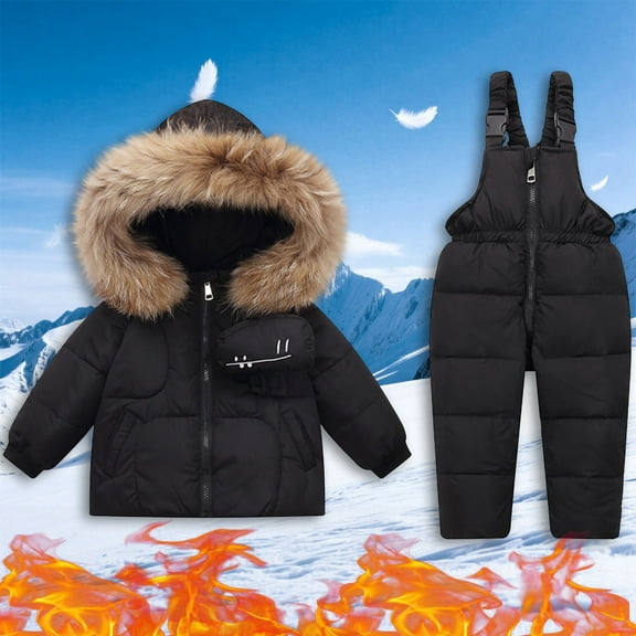 Toddler Boys Girls 2-Piece Snowsuit Windproof Jacket with Furry Hood Waterproof Snowproof Winter Thermal Outdoor Snowboarding Suit 1-5 Years