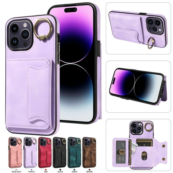 Nalacover for iPhone 13 Pro Ring Holder Wallet Case with Kickstand Magnetic Clasp, Credit Card Slots Holder Premium PU Leather Purse Cover, TPU Bumper Shockproof Anti-Scratches Case,Purple