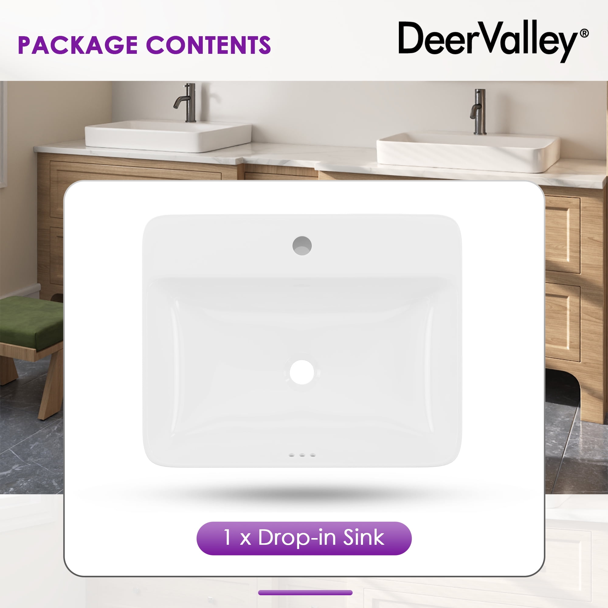 DeerValley 23.82" L x 18.9" W x 6.69" H White Rectangular Vitreous China Drop-in Bathroom Sink with Overflow DV-1DS0121
