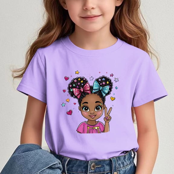 Fatuov Girls Graphic Tees Summer Crew Neck Cute Printed Breathable T-Shirt for Kids Boys Short Sleeve Back to School Clothes 12 Years, Purple