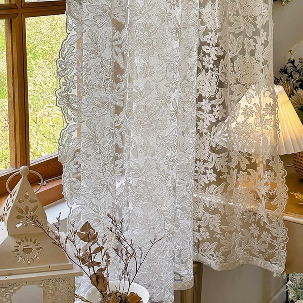 Joqmia Elegant Floral Lace Sheer Curtains, Vintage Embroidered Voile Panels for Bedroom Living Room Kitchen, 2-Pack Rod Pocket Light Filtering Window Drapes